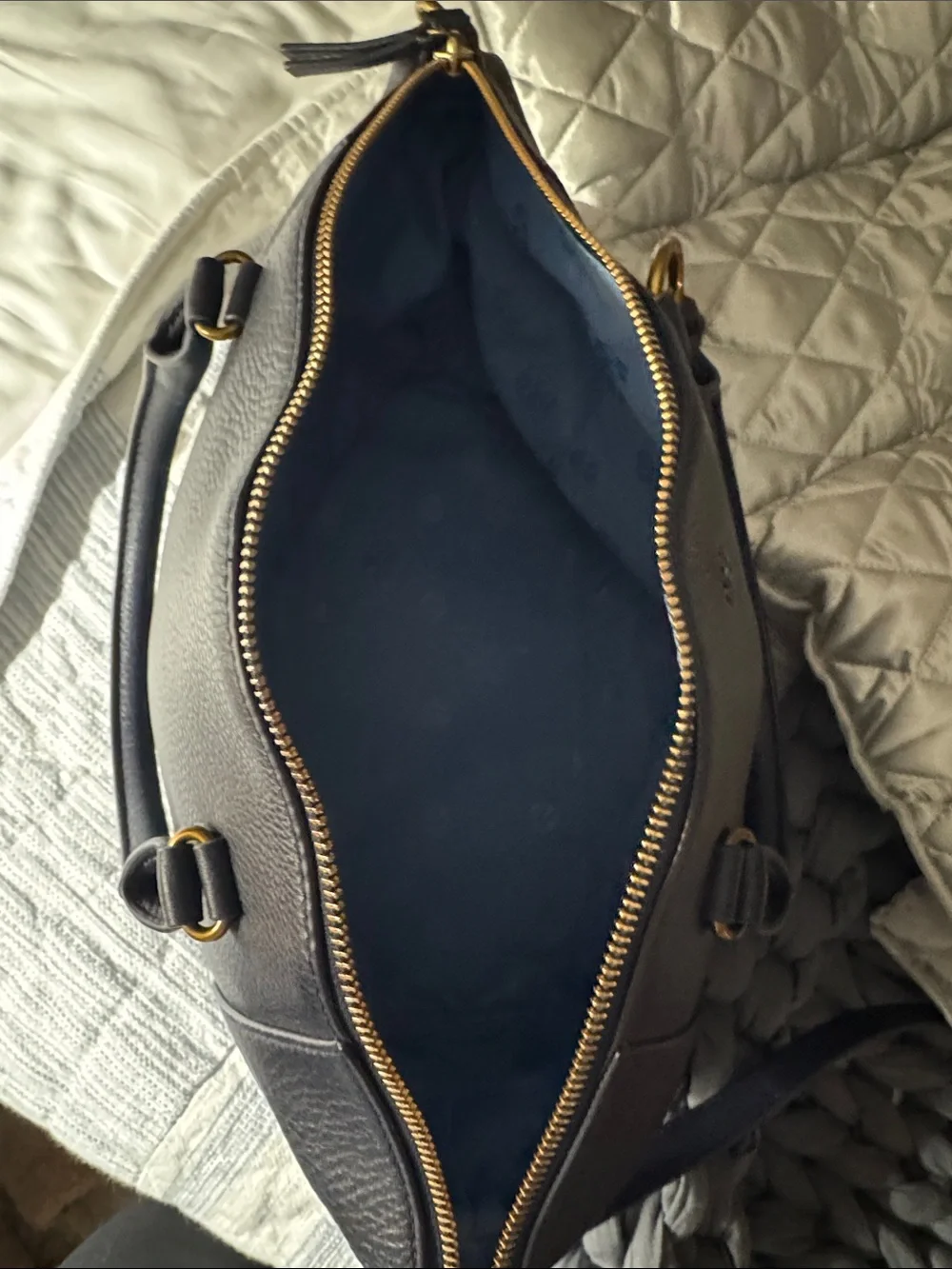Tory Burch Navy Leather Satchel with Gold Tassel Charm